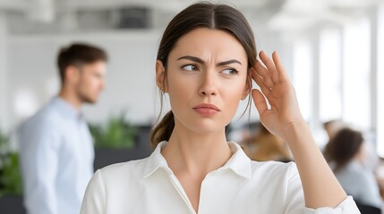 Fototapeta premium Young woman in office showing signs of distraction or confusion while listening to background conversation