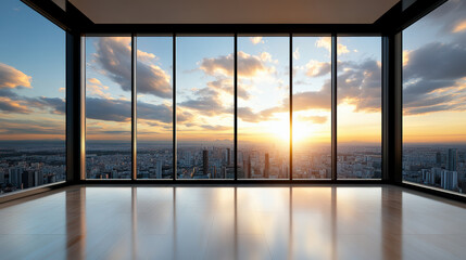 Fototapeta premium Stunning cityscape view from modern high rise, showcasing radiant sunset with clouds reflecting