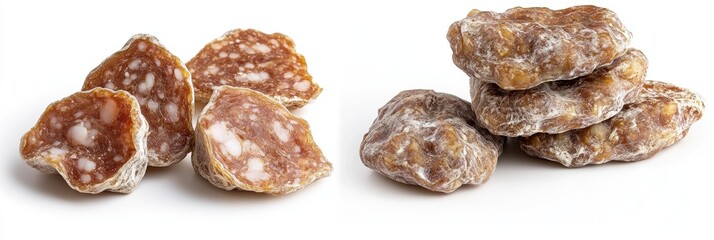 Obraz premium Sliced cured meats, possibly salami or similar. Stacked, cured sausage pieces