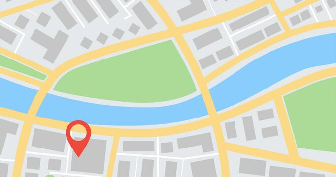 Colorful flat abstract city map with a red location mark. 4K stop motion animation