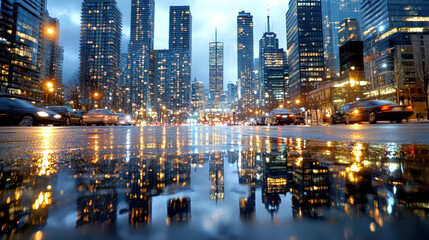 Fototapeta premium City skyline at night reflecting in puddles, showcasing vibrant lights and urban life
