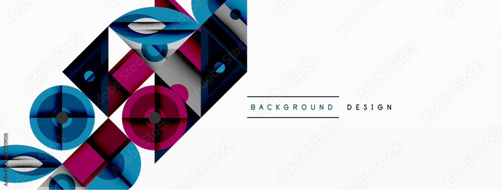 Poster abstract geometric shapes, vibrant blues, purples, grays. modern design elements create dynamic visu