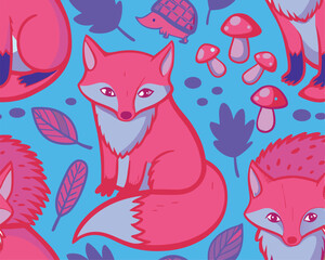 Seamless Fox Pattern – Vintage Repeating Folk Design Featuring Orange Foxes with Decorative Tails, Floral Elements