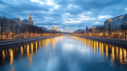 Fototapeta premium Serene cityscape with illuminated buildings reflecting in calm river at dusk