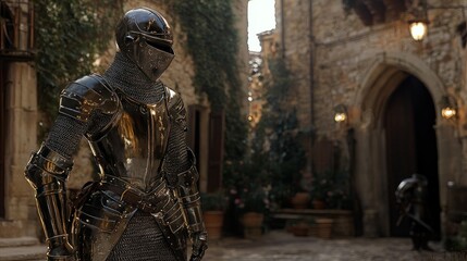 A Medieval Knight Stands Proudly Within A Stone Courtyard