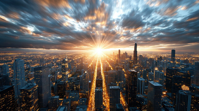 Stunning city skyline at sunset with vibrant light rays illuminating streets and buildings