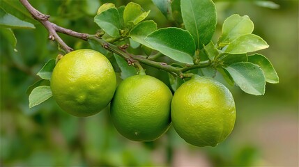 A green lime hangs from the tree branch, its smooth skin glistening in the sunlight, ready to be picked and used in fresh, tangy recipes.



