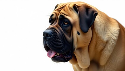 Obraz premium Large mastiff head, intense gaze, pure white backdrop, fur, pet portrait, muzzle
