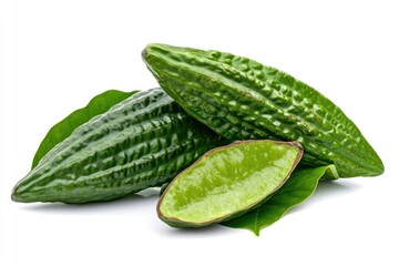 Fresh green gourds, cut open, on leaves