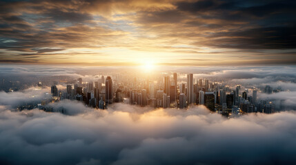 Stunning city skyline emerges from swirling fog at sunset, creating dramatic atmosphere