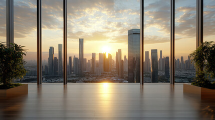 Stunning view of city skyline sunset, with tall buildings silhouetted against golden sky