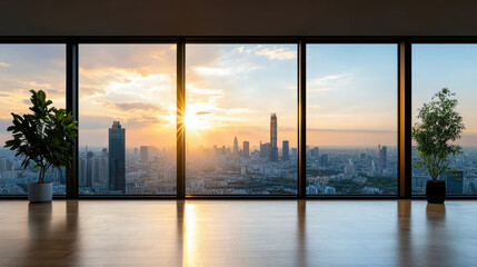 Fototapeta premium Stunning view of vast urban city sunset, showcasing soft orange sunlight filtering through large