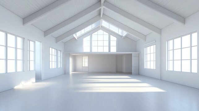 Empty, bright, modern loft interior with large windows and high vaulted ceiling