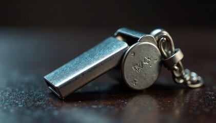 Silver metal whistle, classic design, shiny surface, sport, equipment