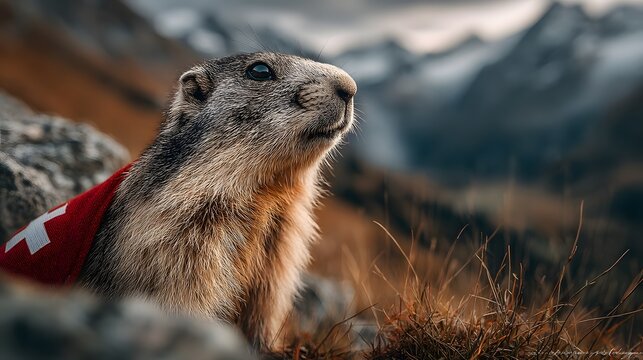 Heroisches Murmeltier mit Schweizer Umhang in epischer Alpenkulisse

