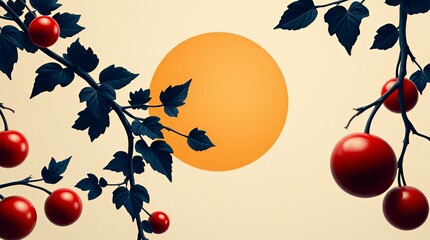 Vibrant tomatoes framed by bold green leaves with a warm sun in background