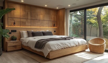 Modern bedroom, wood wall, autumn view, calm interior, home decor
