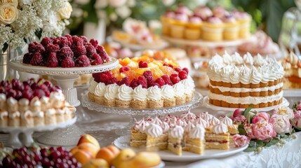 Elegant dessert table with cakes, berries, and floral accents, perfect for events. Use it for bakery ads, wedding invitations, or party-themed projects.