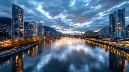 Obraz premium Calm river reflecting city lights nightfall, surrounded by modern buildings and dramatic clouds