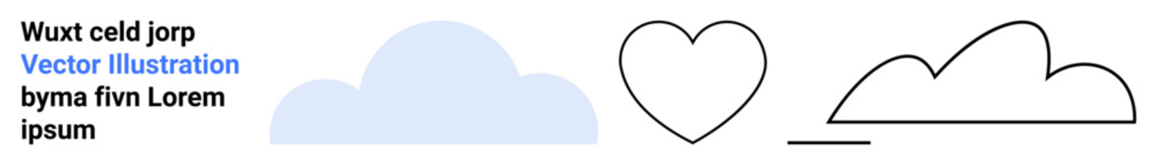 Heart outline, filled cloud, and line-art cloud. Ideal for weather, nature, minimalism, love, simplicity, education digital artwork and a simple landing page