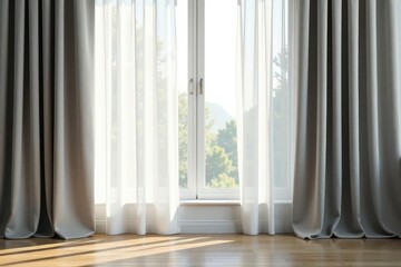 Subtle grey linen curtains, soft natural light , soft, natural, elegant