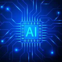 Digital AI circuit board technology background. Artificial intelligence motherboard cyberpunk futuristic concept.