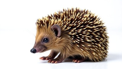 Obraz premium Brown hedgehog, curled into a ball, against bright white backdrop, spines, clipart, hedgehog image