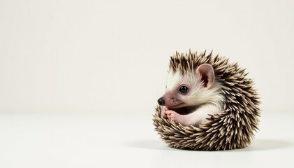 Tiny hedgehog curled in a ball on pure white background, light, domestic, cute