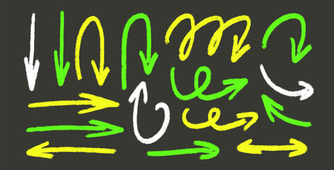Arrows highlights hand drawn set. Neon marker straight and curved thin pointers doodle elements set. Freehand emphasis vector illustration by pencil. Grunge chalk freehand graphic on dark background.