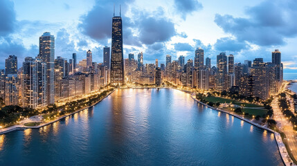 Obraz premium Stunning skyline view of city at dusk, with reflections on water and vibrant lights