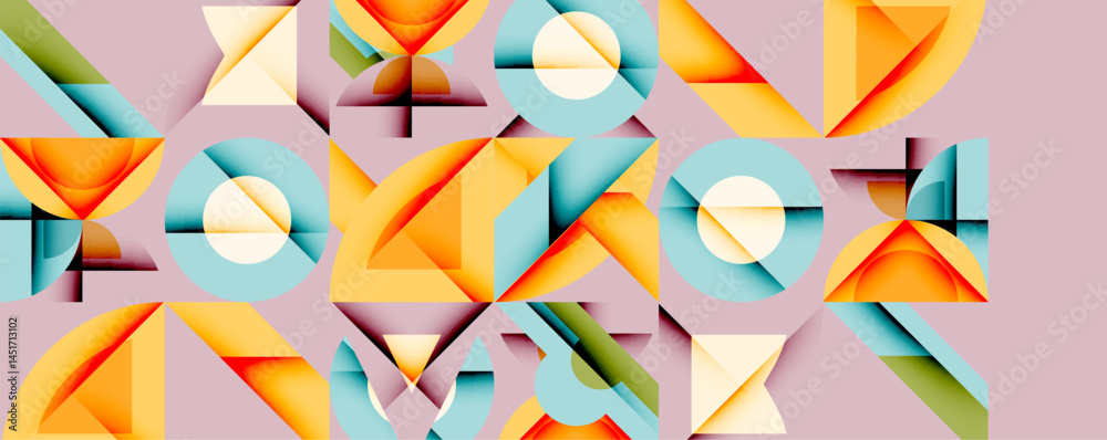 Poster Abstract geometric pattern. Shapes overlap, creating colorful composition. Light, shadow define forms. Modern design aesthetic.