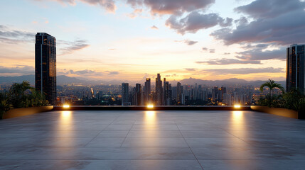 Fototapeta premium Serene rooftop view showcasing city skyline at sunset, with soft lighting illuminating space