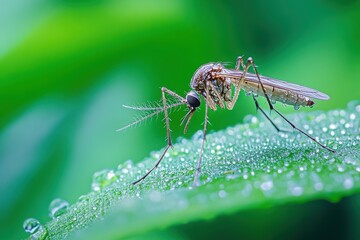 Close-Up of Mosquito on Leaf with Dew Drops in Nature Background