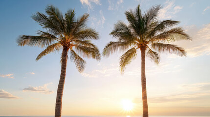 Obraz premium Sunset over ocean with palm trees creating serene tropical vibe