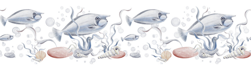 Seamless border with blue tropical fish. Pebbles and seaweed on the bottom. Raucski and mollusks multicolored. Bubbles under water. Watercolor illustration without background. Hand drawing.