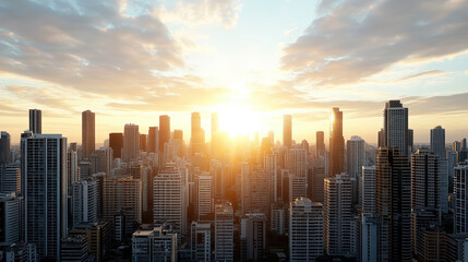 Fototapeta premium Golden sunset illuminating modern city skyline, creating warm and vibrant atmosphere