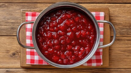 The red fruit jam simmers gently in the steel cooking pot, its vibrant color contrasting beautifully with the shiny surface of the kitchen table, ready to be stirred into a delicious homemade treat.
