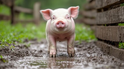 Cute piglet in a muddy puddle