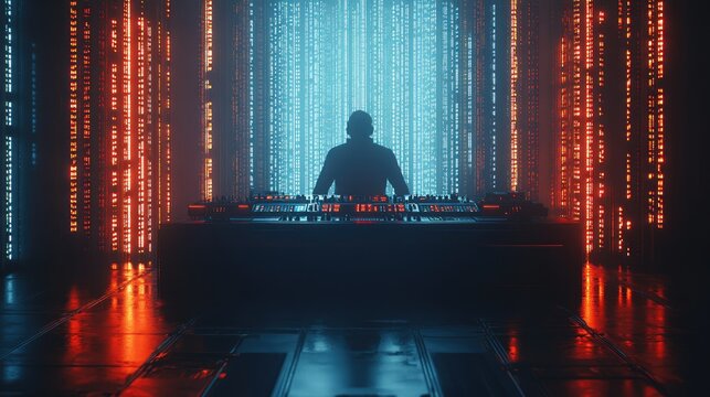 Silhouetted DJ in futuristic digital backdrop