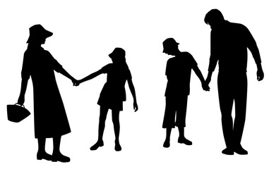 Silhouettes of woman and girl, man and boy standing, holding hands, mother and daughter, father and son, family, profile, vector, black color, isolated on white background