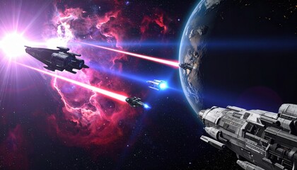 Obraz premium Space battle between futuristic spaceships outer space digital art cosmic environment dynamic viewpoint sci-fi concept