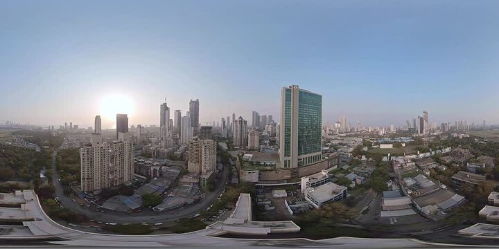360 video Aerial view of Mumbai City, Maharashtra, India. Drone shot of Mumbai skyline, beautiful cloudy weather of Mahalaxmi area. Greater Mumbai aerial cinematic footage. 