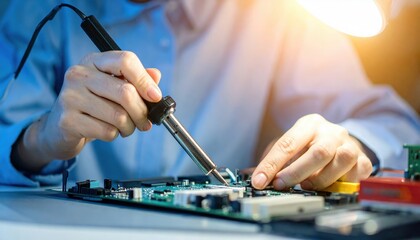 Soldering electronics repair workshop instructional content indoor environment close-up view technology skills development