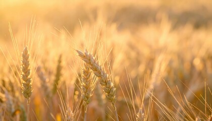 Fototapeta premium Harvesting golden wheat fields at sunrise agricultural landscape nature photography serene atmosphere close-up view rural beauty