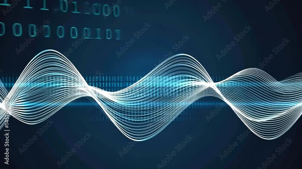 Poster abstract digital wave pattern flowing lines and binary code in technology and data visualization, sh