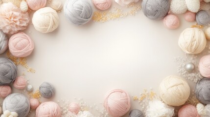 Obraz premium Pastel yarn balls and decorative items arranged in a frame