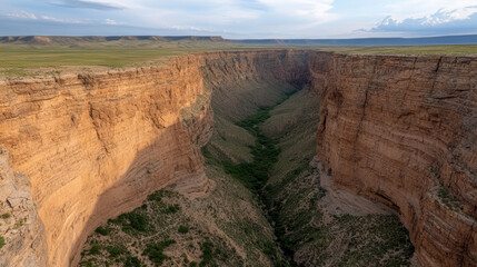 Majestic canyon landscape with steep cliffs and lush greenery below, showcasing natural beauty