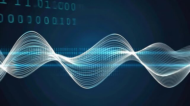 Abstract Digital Wave Pattern Flowing Lines and Binary Code in Technology and Data Visualization, Showcasing Innovation and Dynamic Experience.
