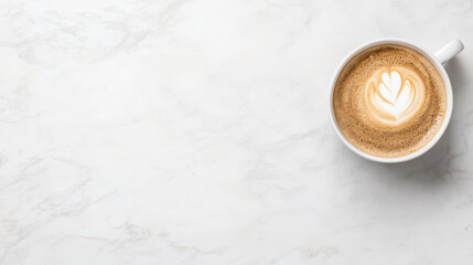 Aromatic coffee cup with latte art on marble surface, inviting warmth and comfort