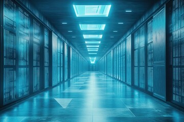 Fototapeta premium Futuristic server room hallway, lit with cool blue light